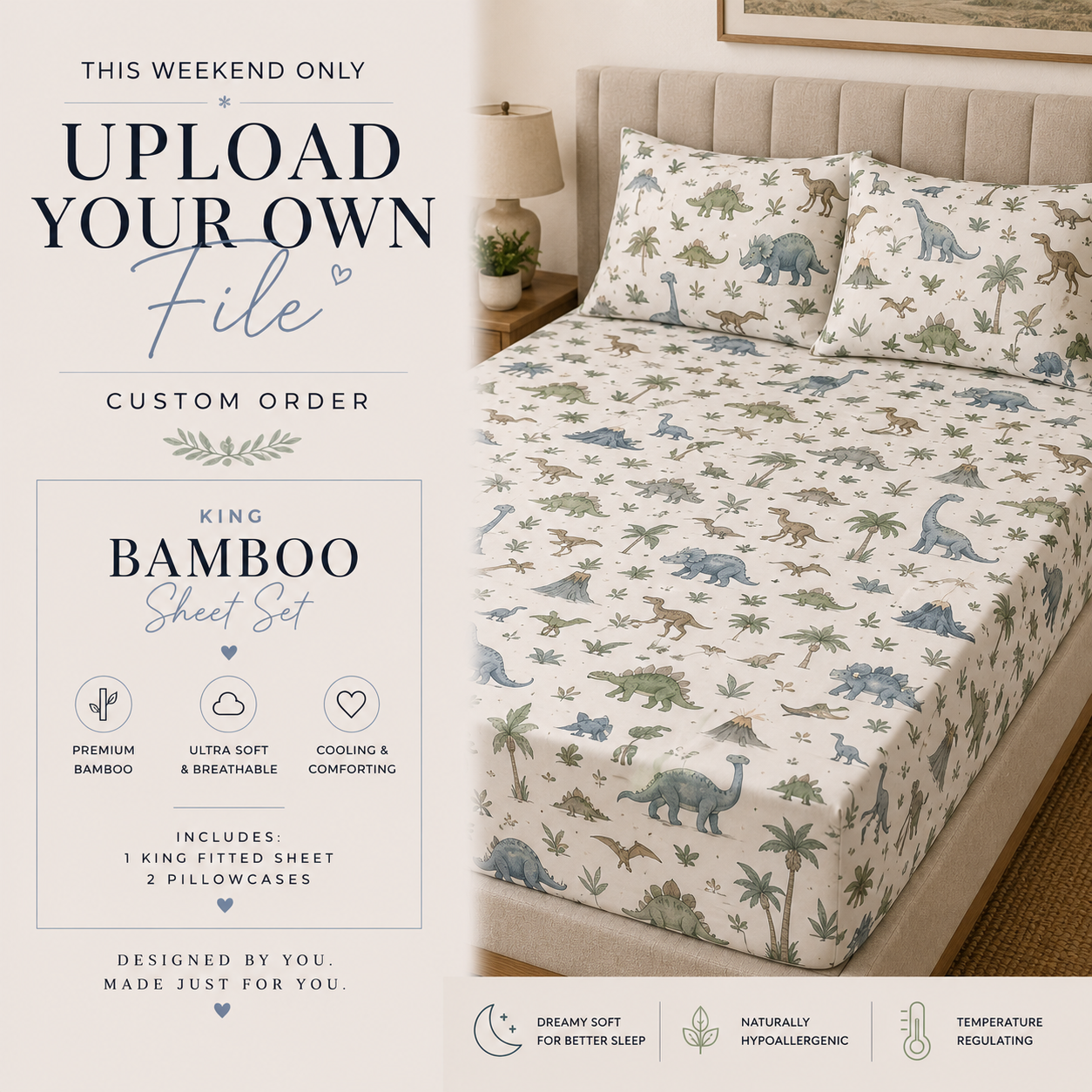 Upload Your Own File | CUSTOM BAMBOO | Bamboo King Sheet With Set of 2 Pillowcases
