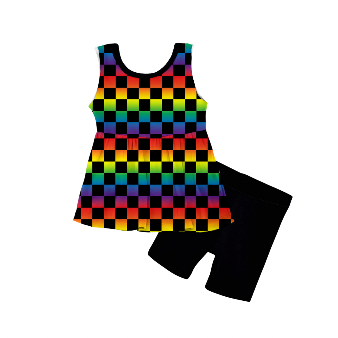 Rainbow Checkers Bamboo Tank Peplum & Shorts Set