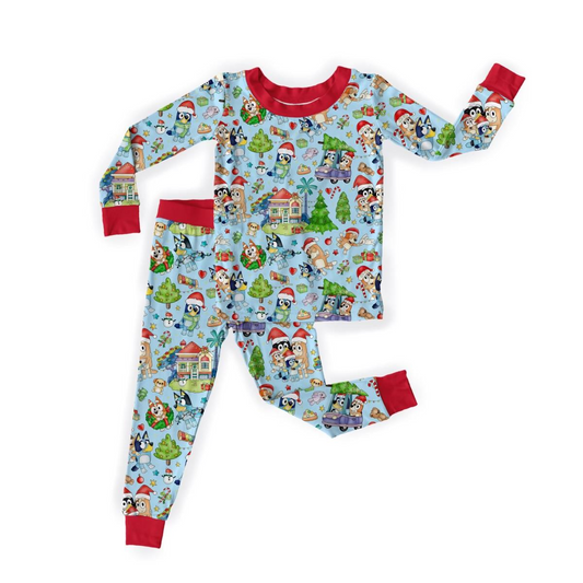 Blue Pup Christmas Bamboo Long Sleeve Two Piece Pajama Set