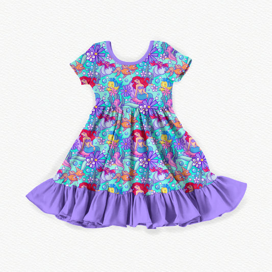Part Of Your World Watercolor Bamboo Short Sleeve Ruffle Dress