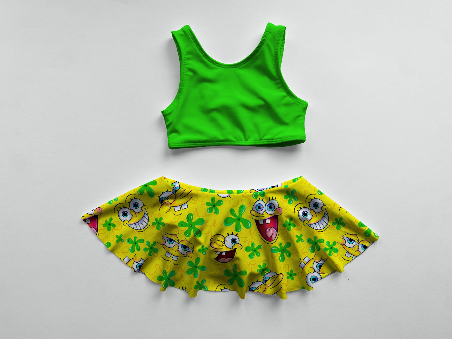 Squarepants Skirt Safe Swim Two Piece - NEON GREEN (Highest visibility in lakes & dark water)