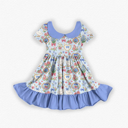 Coquette Girly Bamboo Collared Short Sleeve Ruffle Dress