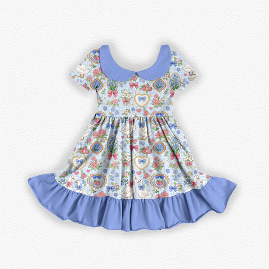 Coquette Girly Bamboo Collared Short Sleeve Ruffle Dress