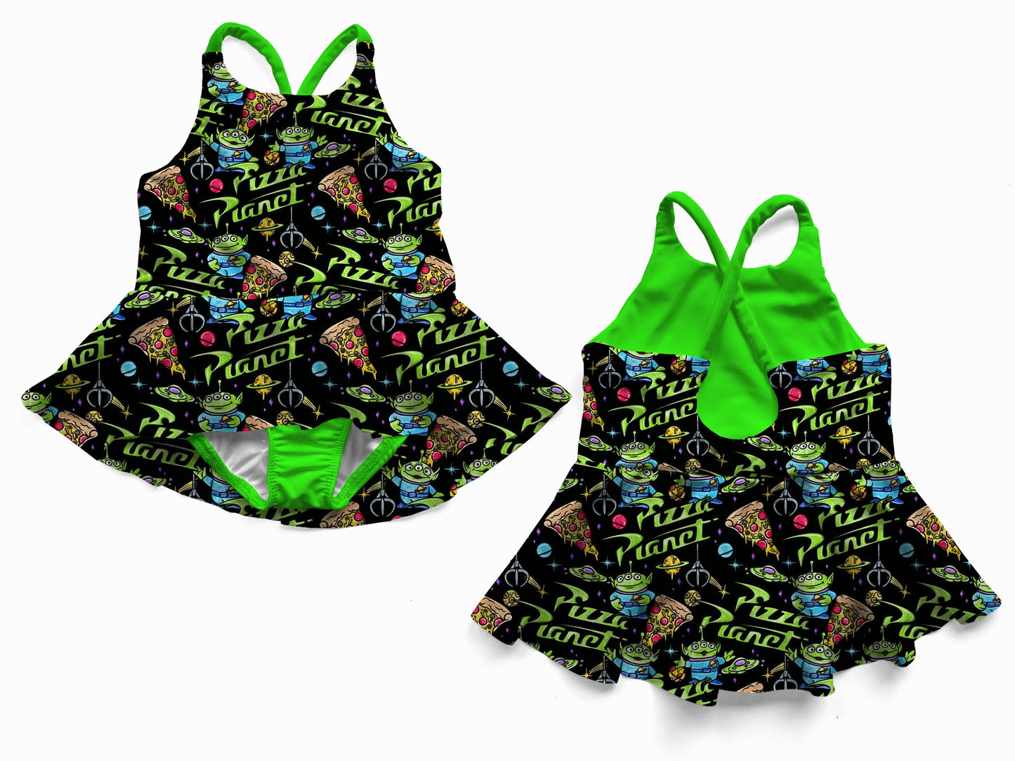 Pizza Planet Safe Swim Skirted One Piece - NEON GREEN (Highest visibility in lakes & dark water)