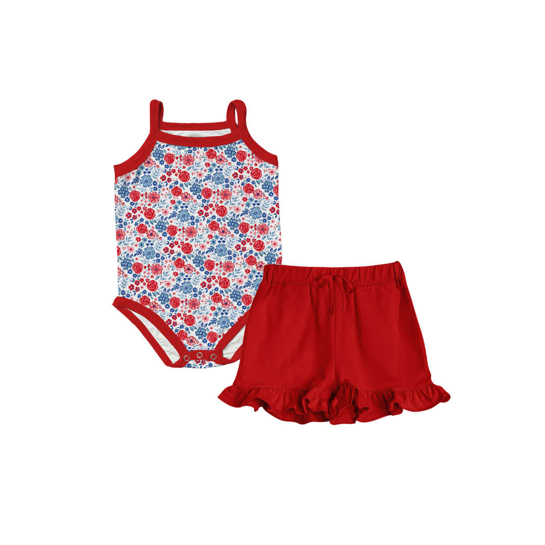 Freedom Florals Bamboo Tank Onesie & Ruffle Shorts Set