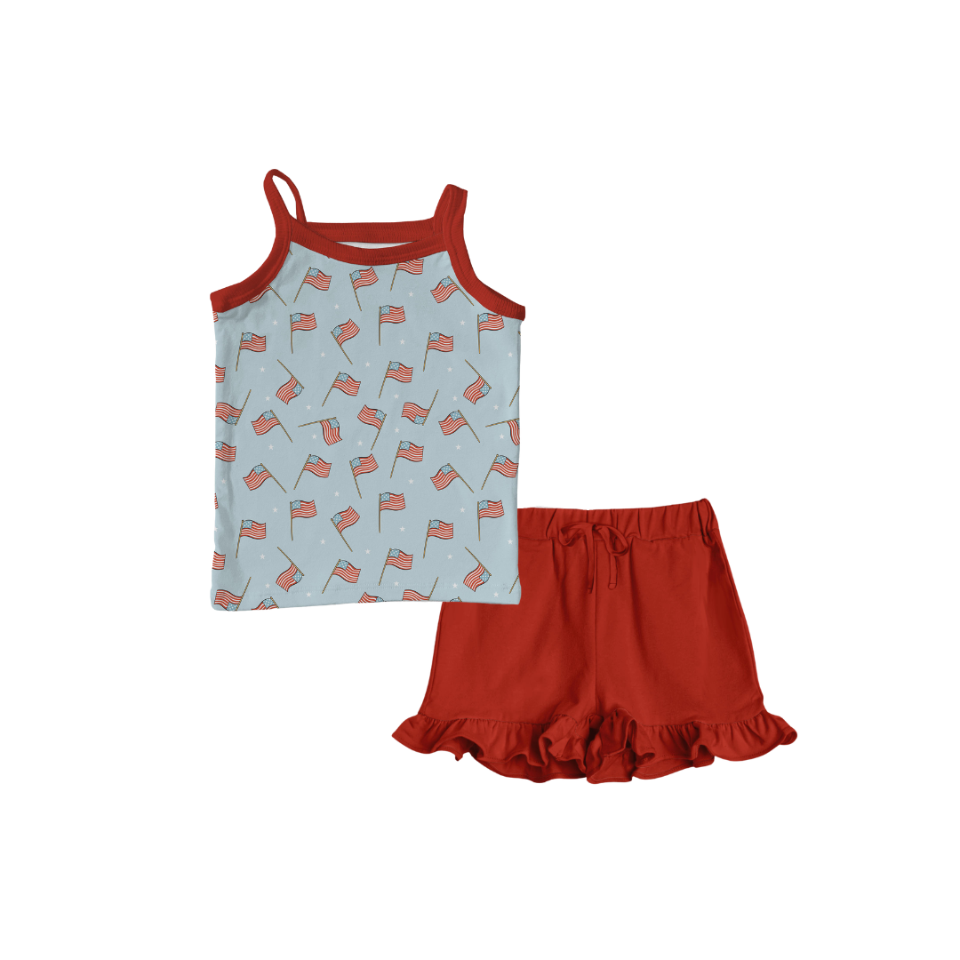 USA Ribbed Bamboo Tank Top & Ruffle Shorts Set