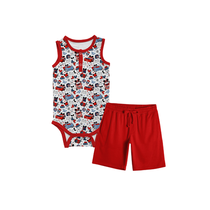 Fireworks On Route 66 Bamboo Sleeveless Henley Onesie & French Terry Shorts Set