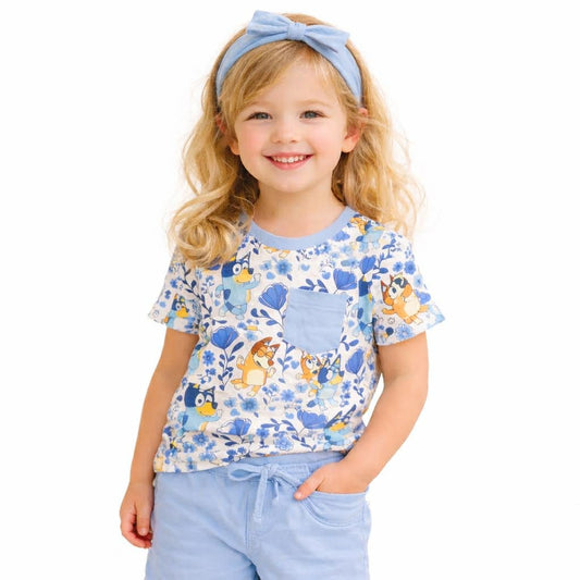 Floral Blue Pup Bamboo Pocket Tee & Shorts Set