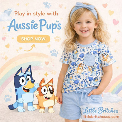 Floral Blue Pup Bamboo Pocket Tee & Shorts Set