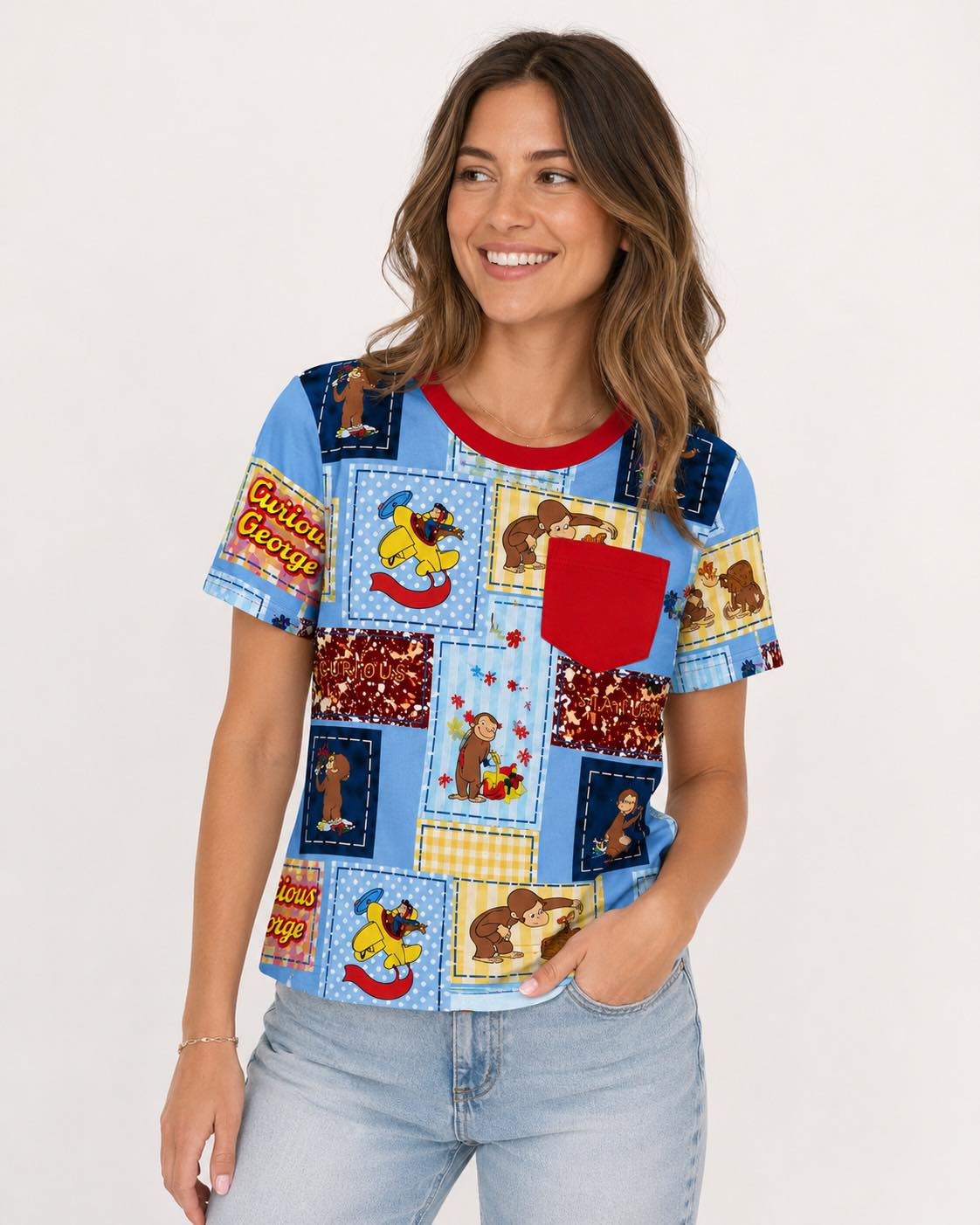 Curious George Patchwork Bamboo Adult Pocket Tee
