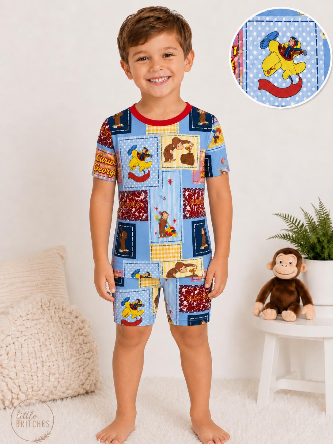 Curious George Patchwork Bamboo Short Sleeve & Shorts Two Piece Pajama Set