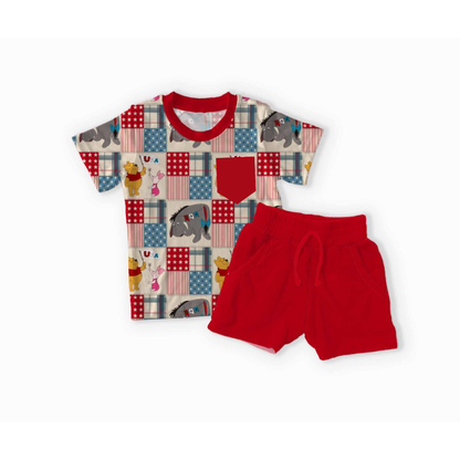 Red White & Pooh Bamboo Pocket Tee & Shorts Set