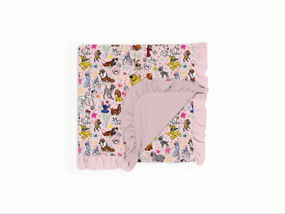 Pink Pups Double Layer Ruffle Trim Bamboo Blanket