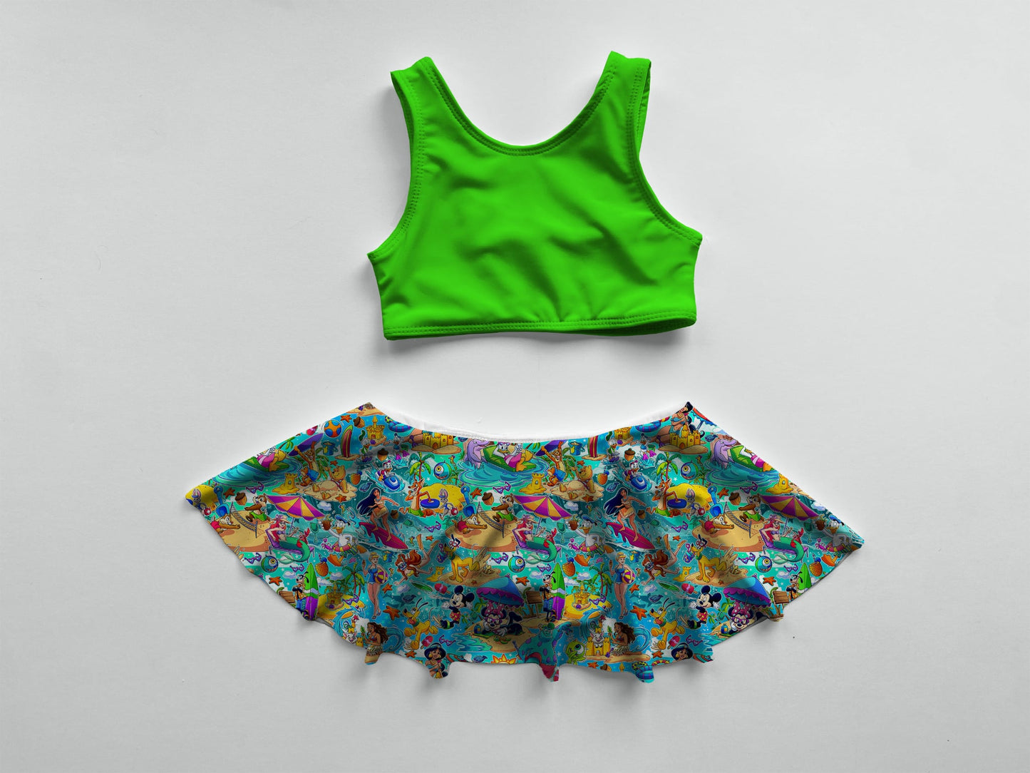 Fun In The Sun Skirt Safe Swim Two Piece - NEON GREEN TOP (Highest visibility in lakes & dark water)
