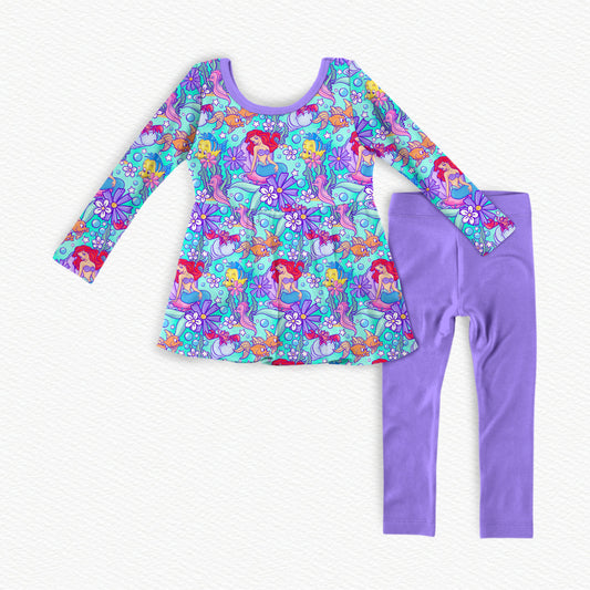 Part of Your World Watercolor Bamboo Long Sleeve Peplum & Leggings Set