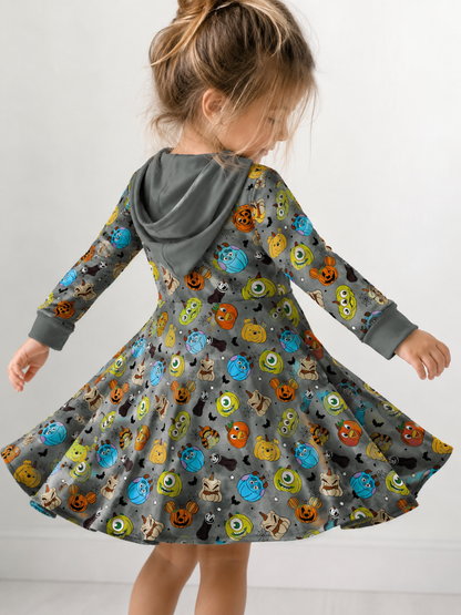 Pumpkin Cuties Bamboo Long Sleeve Hooded Twirl Dress
