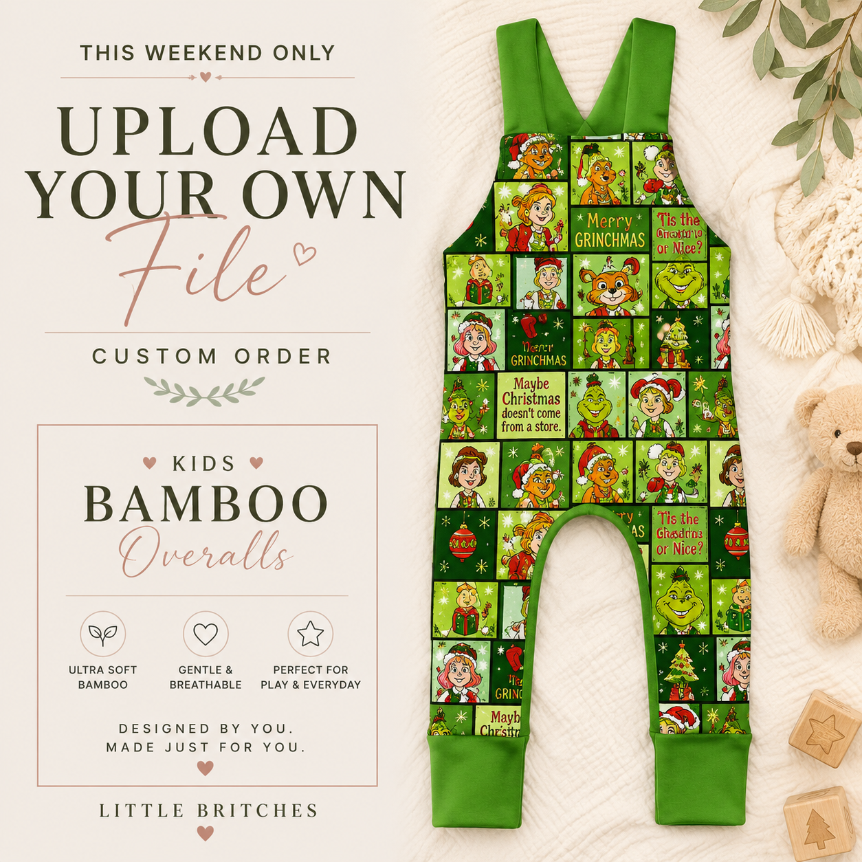 Upload Your Own File | CUSTOM BAMBOO | Bamboo Overalls (slide on NO snaps or buttons)