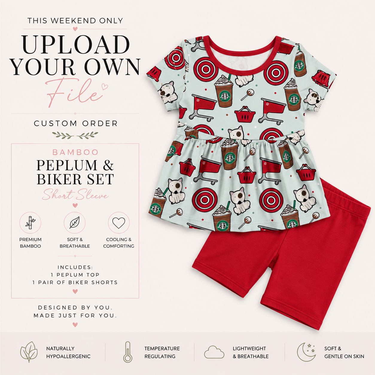 Upload Your Own File | CUSTOM BAMBOO | Bamboo Short Sleeve Peplum & Shorts Set