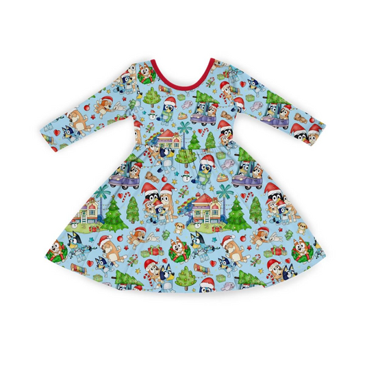 Blue Pup Christmas Long Sleeve Bamboo Dress