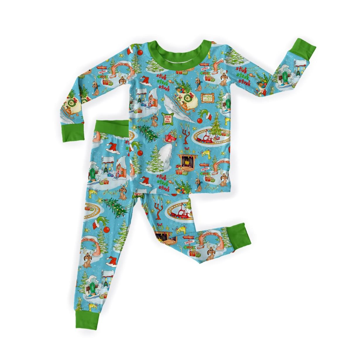 Green Guy Christmas Bamboo Long Sleeve Two Piece Pajama Set