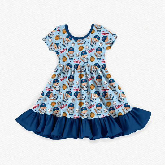 Cubs Baseball Tiny People Bamboo Short Sleeve Ruffle Dress