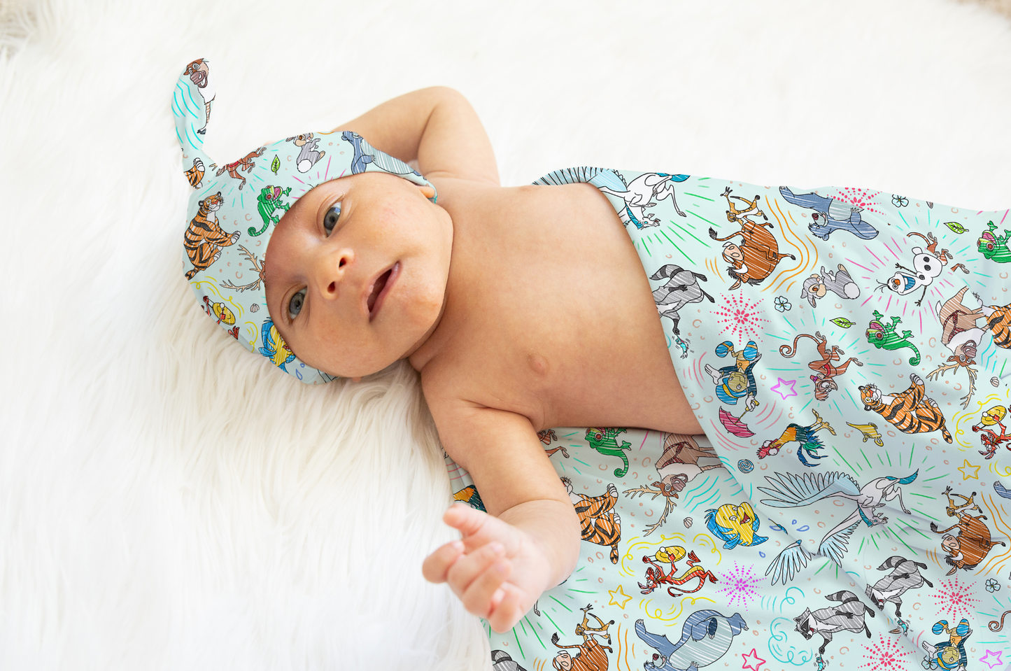 Newborn Sketchy Sidekicks Swaddle, Hat OR Bow By Judith Arthur (Jersey NOT Bamboo Fabric)