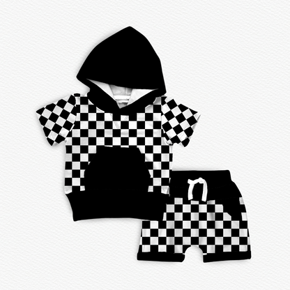 Checker Print Bamboo Hooded Tee & Jogger Shorts Set