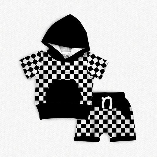 Checker Print Bamboo Hooded Tee & Jogger Shorts Set