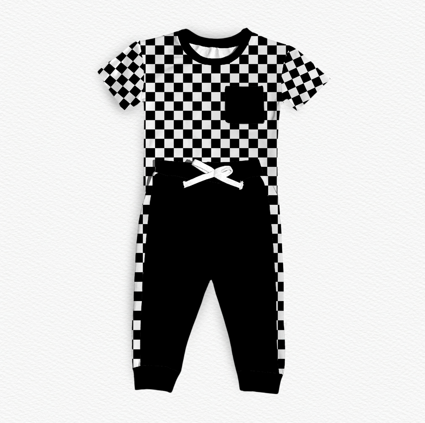 Checker Print Bamboo Pocket Tee & Racer Stripe Pants Set