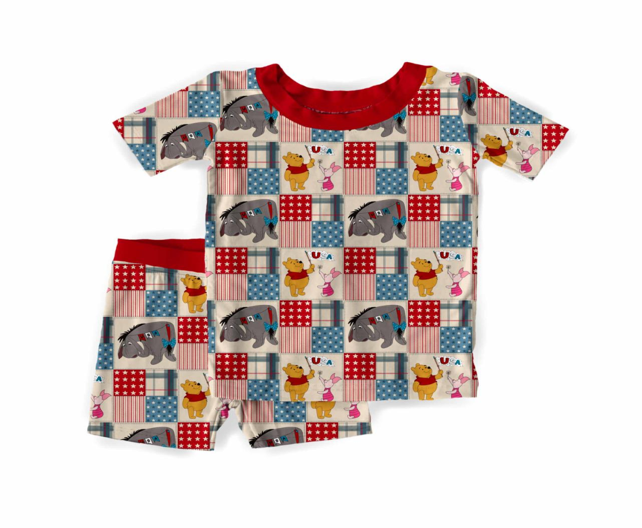 Red White & Pooh Bamboo Short Sleeve & Shorts Two Piece Pajama Set