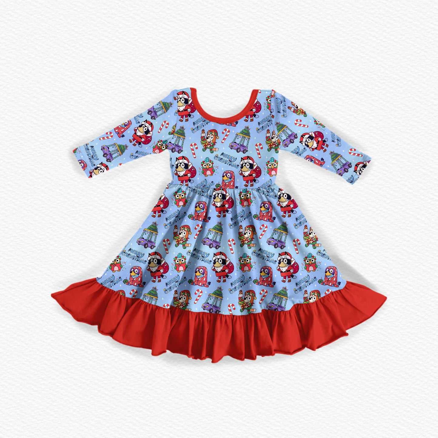 Verandah Santa Christmas Bamboo Long Sleeve Ruffle Dress