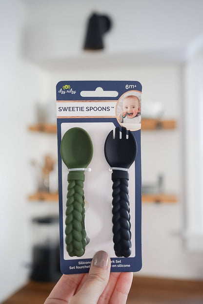 Camo + Midnight Sweetie Spoons™ Spoon + Fork Set - Itzy Ritzy children's silicone utensils silverware