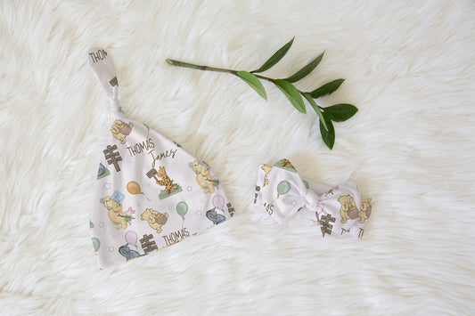 Winnie The Pooh Doodle Font Personalized Name Knotted Newborn Hat & Bow Headband