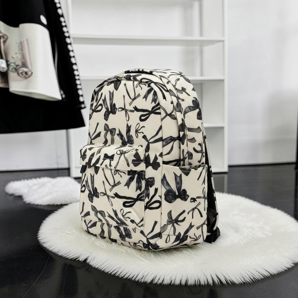 Little Britches Children's Boutique cream mini backpack with a black bow print, featuring a front pocket and side slots.